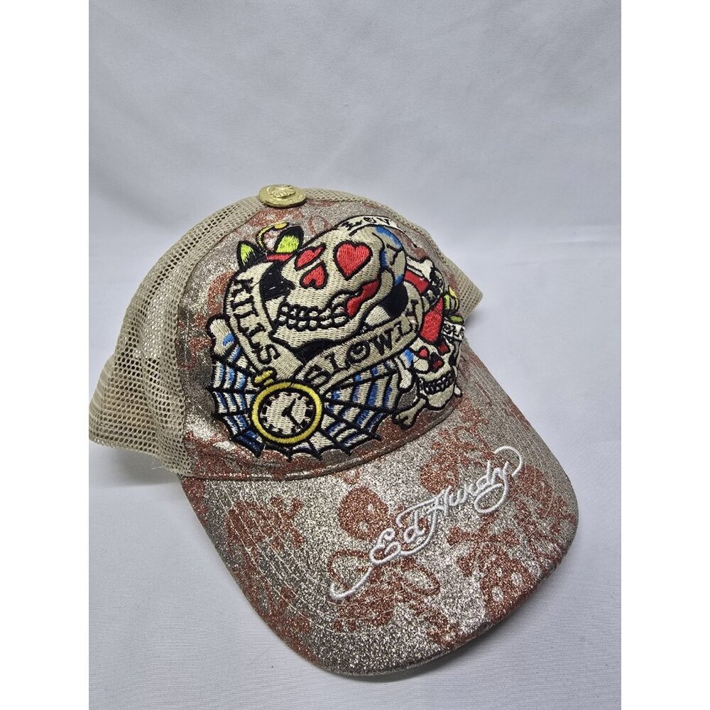 ED HARDY Snapback Trucker Hat Gold Glitter Skull Mesh Cap- Y2K STYLE- Unisex